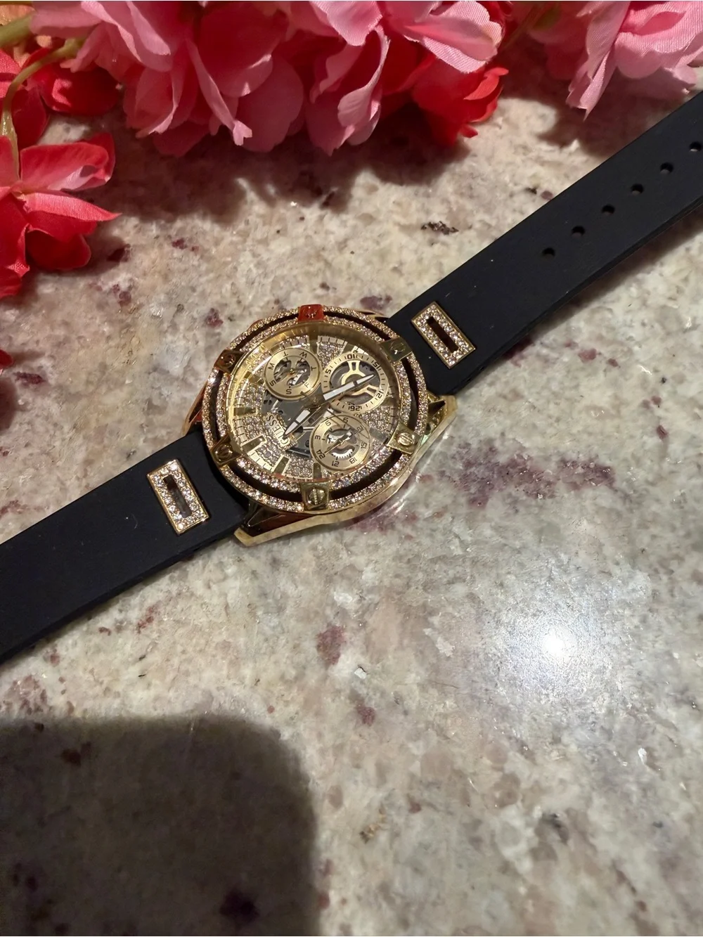 Guess Gold-Tone Chronograph Watch with Black Silicone Strap - Picture 2 of 7